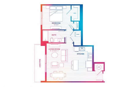 Floor plan for 1 bed, 1 bath, 745 sqft